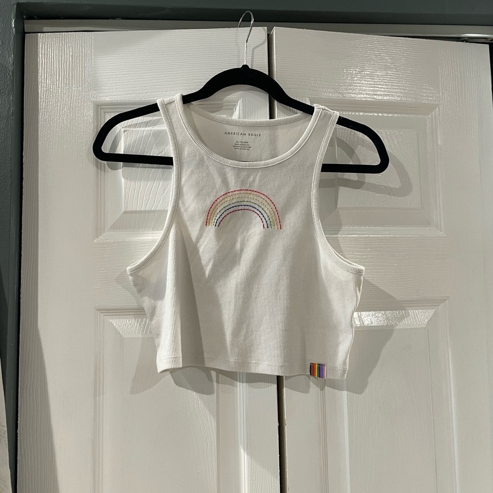 American Eagle Outfitters White Crop Top with Rainbow Embroidery